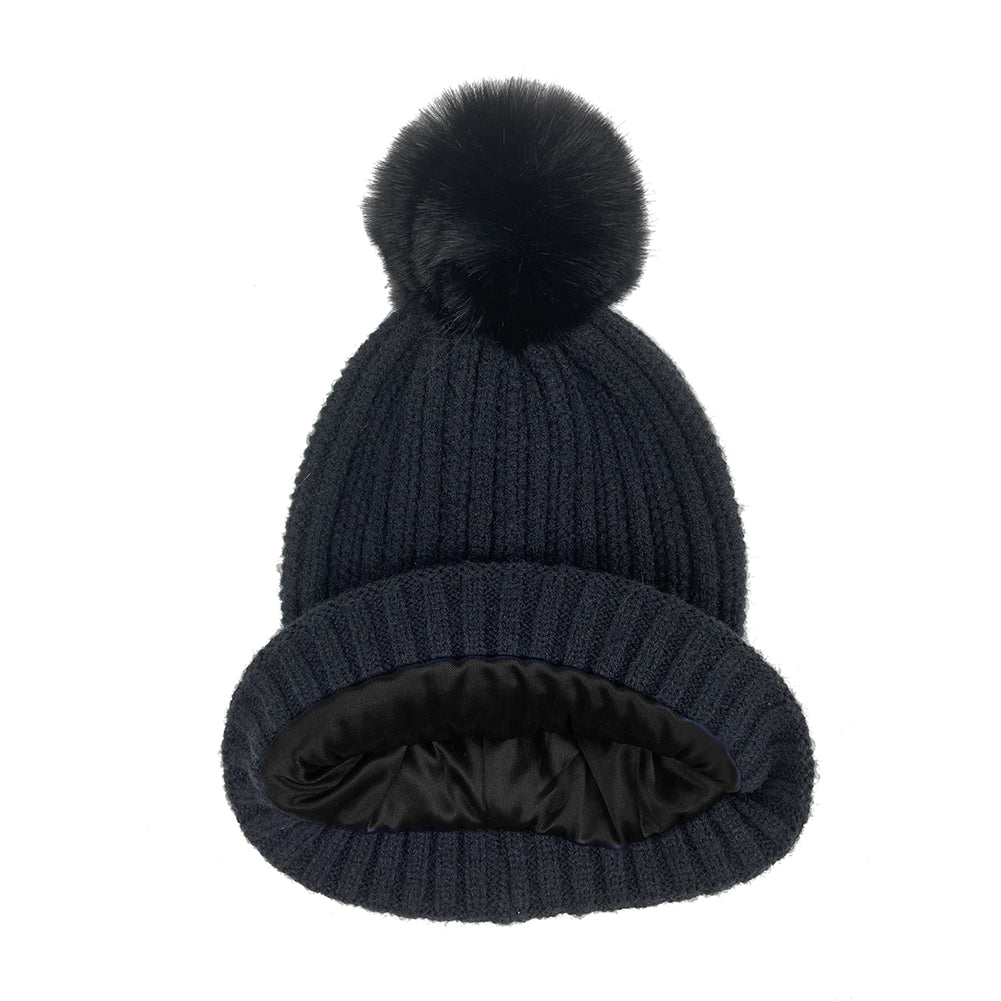 Puff Ball Satin-Lined Beanie