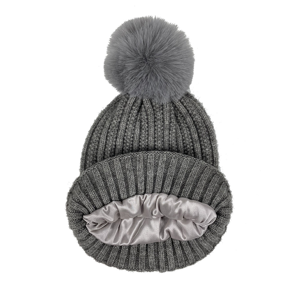 Puff Ball Satin-Lined Beanie