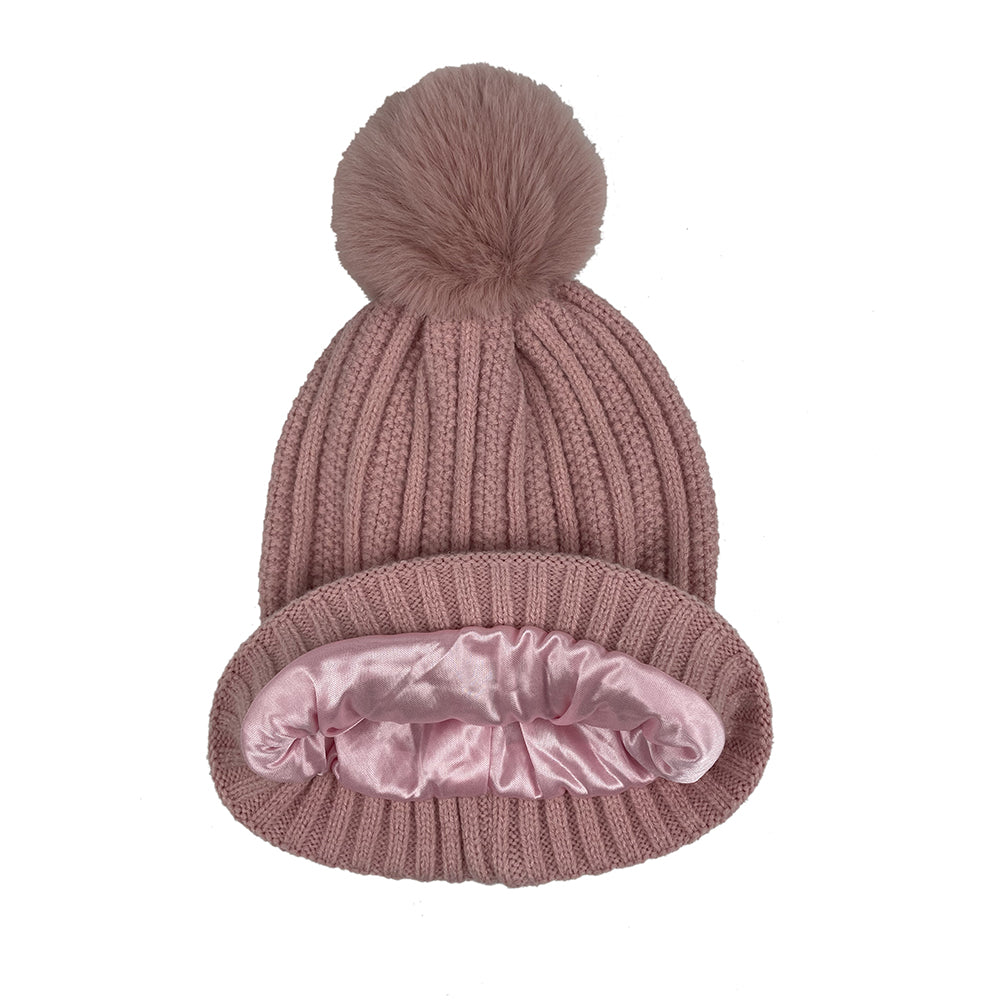Puff Ball Satin-Lined Beanie